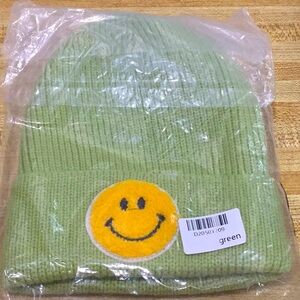 Green Beanie with Smiley Face Patch